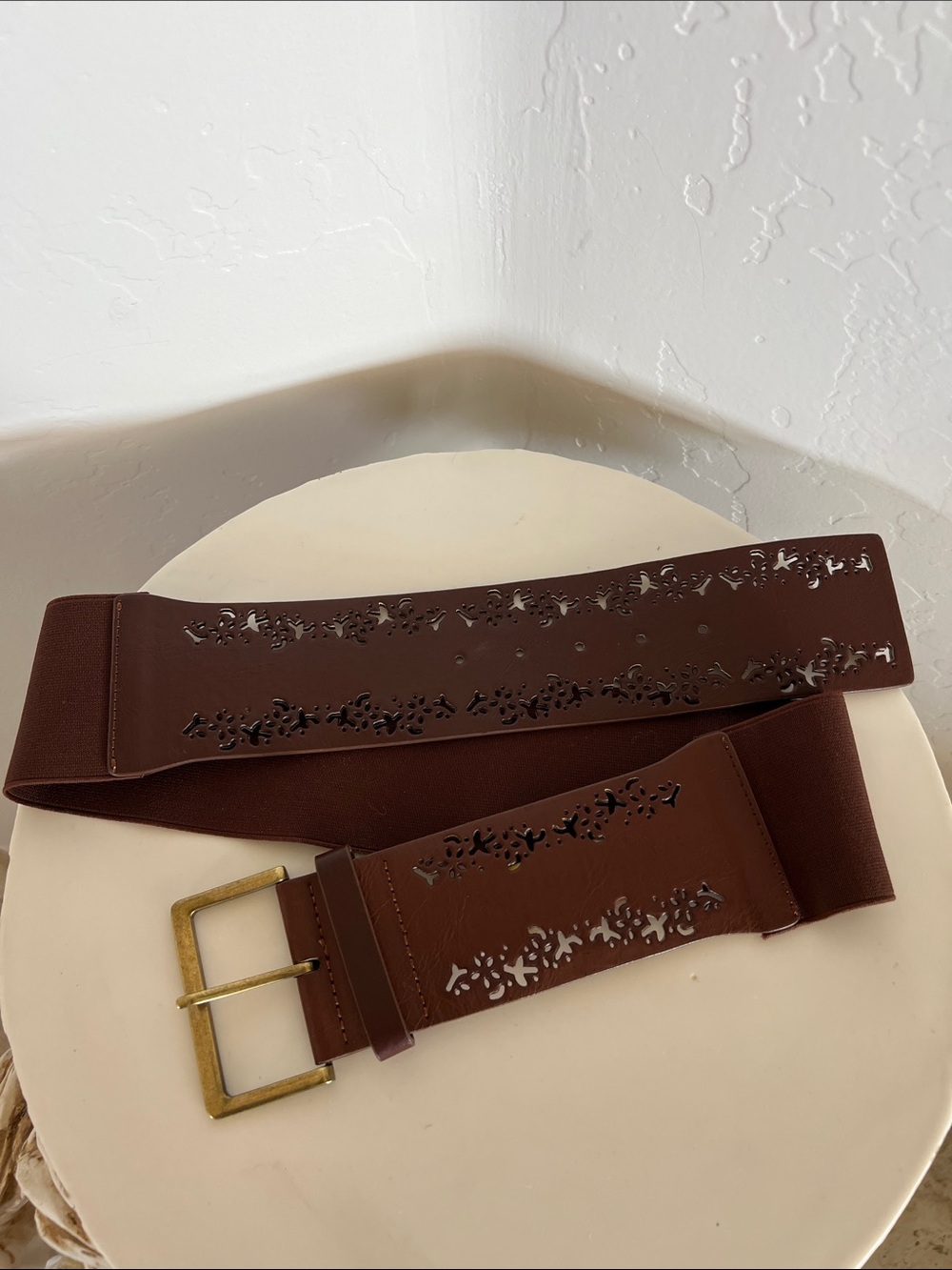 Wide Brown Women's leather and Elastic Waist Belt with Decorative Cutouts